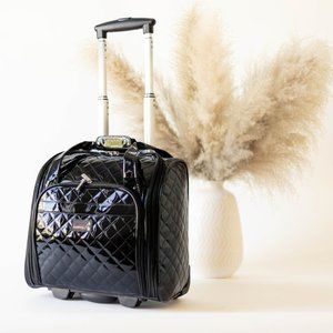 NWT Chic Faux Patent Leather Black Quilted Roller Weekender Travel Bag Briefcase